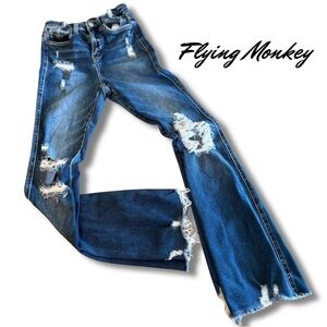 Flying Monkey Distressed Ripped Ultra High Rise Flares. Unique Waist. EUC. 25.